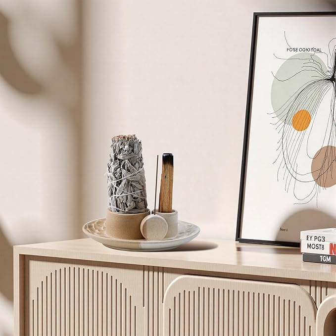 4 in 1 Incense Holder, Ceramic Incense Stick and Palo Santo Holder,Sage Holder for Burning- 5.5" Ceramic Ash Catcher Tray for Meditation and Yoga Room (Sand)