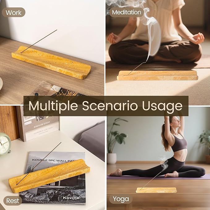 Koville Travertine Incense Holder, Incense Holder for Sticks, Long Incense Sticks Holder Ash Catcher for Meditation Yoga SPA, Natural Stone Incense Burner, Home Table Decor(Yellow)