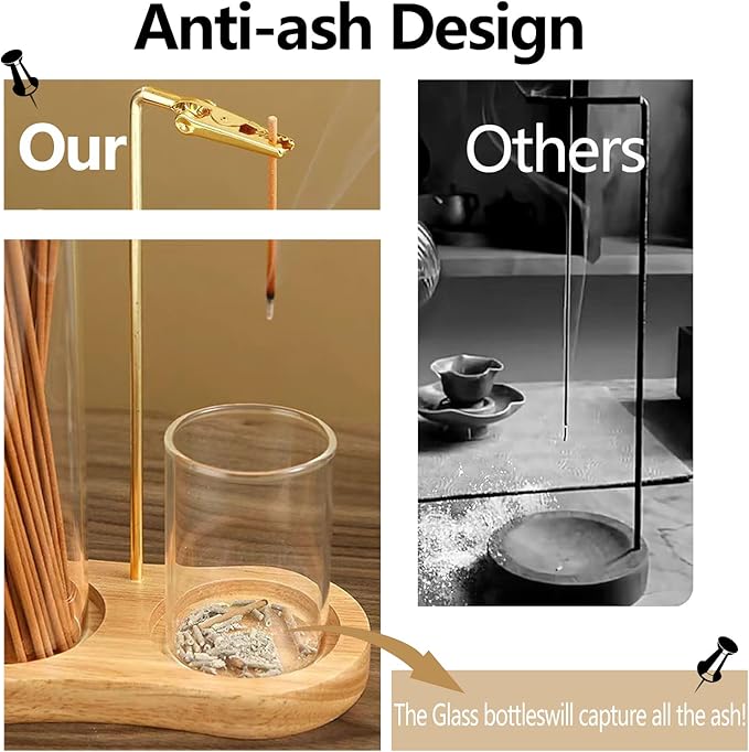 Incense Holder for Sticks with Ash Catcher-2 in 1 Glass Incense Stick & Candle Holder with Storage, Anti-Ash Flying insence-Sticks Burner for Meditation Yoga Spa Home Decor sage (Light Base)