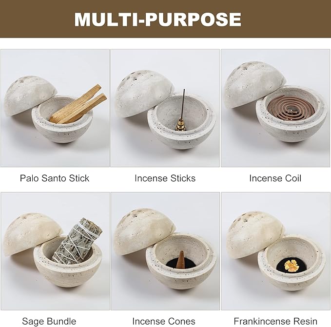 Natural Travertine Incense Cone Holder, Handmade Stone Sphere Incense Burner for Medication Yoga Home Décor 4.1 inches