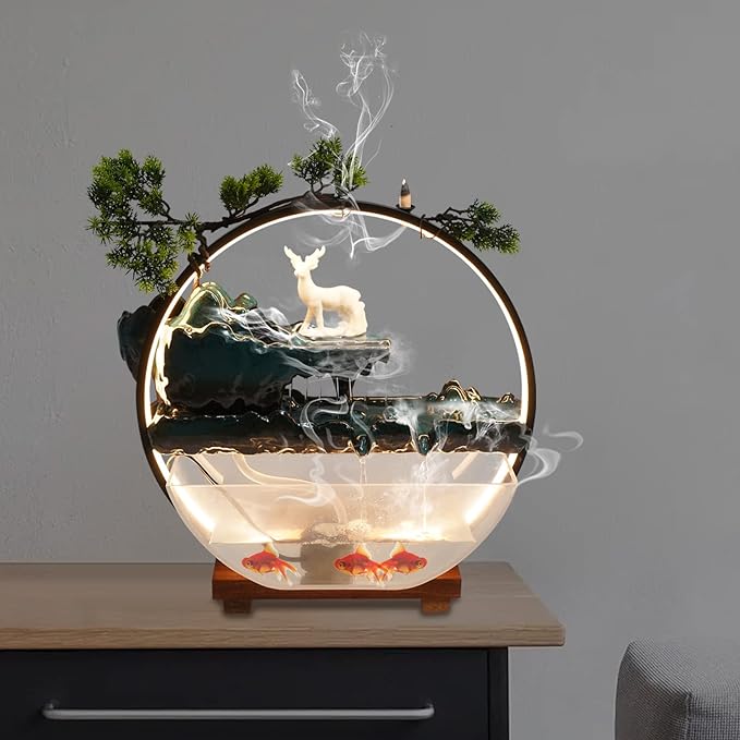 Backflow Incense Holder with Water Fountains and LED Light, Rockery, Deer and Aquariums Perfect for Relaxing or Home Decor (Deer witn Fish Tank)