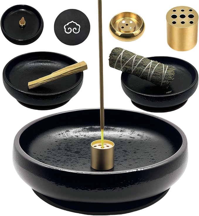 4 in 1 Natural Marble Incense Holder,Incense Holder for Sticks with Adjustable Angle, Incense Stick Holder with Ash Catcher,Stick Incense Burner,9 Holes Suitable for Most