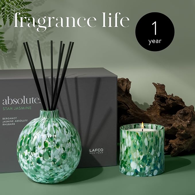 LAFCO New York Absolute Collection Reed Diffuser, Star Jasmine - 15 oz - Up to 1 Year Fragrance Life - Reusable, Hand Blown Glass Vessel - Nylon Reeds - Made in The USA