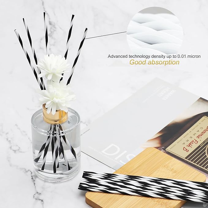 VFULIE 100PCS Reed Diffuser Sticks, 10 Inch Natural Rattan Wood Sticks Essential Oil Aroma Diffuser Sticks Refill Replacement for Aroma Fragrance (Spiral Black and White)