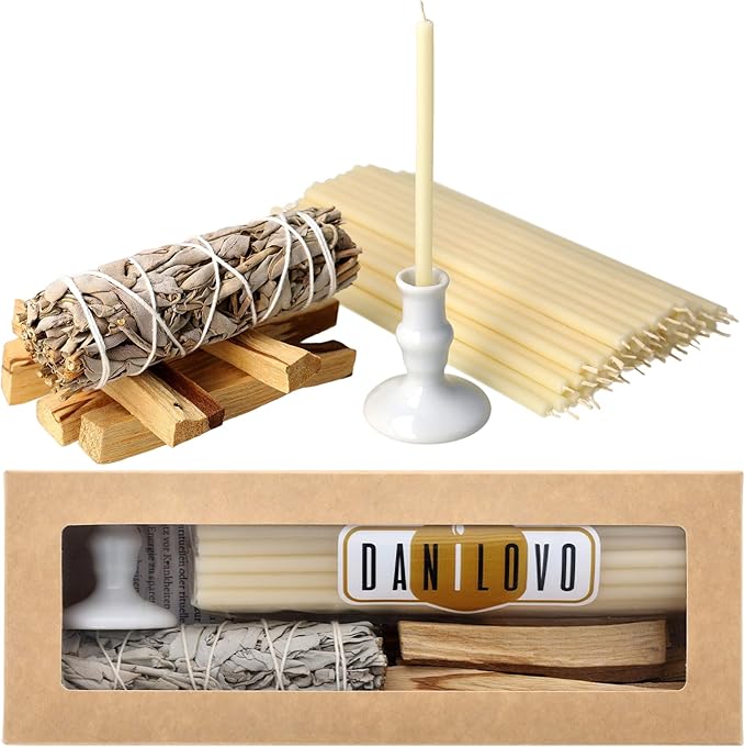 Danilovo Smudging Kit – 5 Palo Santo Sticks, 1 White Sage Smudge Stick, 50 Beeswax Taper Candles & Ceramic Candle Holder Set for Meditation, Cleansing, and Spiritual Practices
