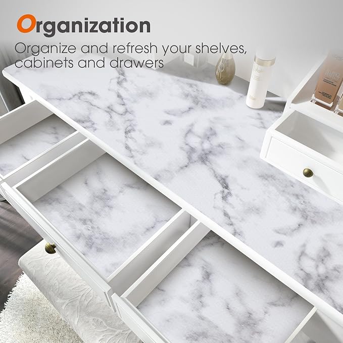 Drawer and Shelf Liner, Non-Slip Kitchen Cabinet Liners Non-Adhesive Thick Strong Grip Waterproof Washable Mats Protect Dresser Shelves Cupboard Bathroom Cabinets, White Marble, 12 in X 30 FT