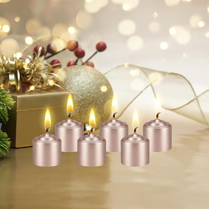 Mega Candles 12 pcs Unscented Rose Gold Votive Candles, Hand Poured Wax Candle 10 Hours 1.38 Inch x 1.5 Inch, Home Décor, Wedding Receptions, Centerpieces, Occasions, Events, Meditations, Holders