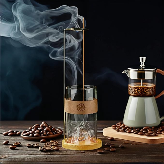 Incense Holder for Sticks with Glass Ash Catcher - Zen Mountain Design, Solid Wood Base & Gold Clip for 1-5mm Sticks, Meditation Yoga Decor (10.8 Inch)