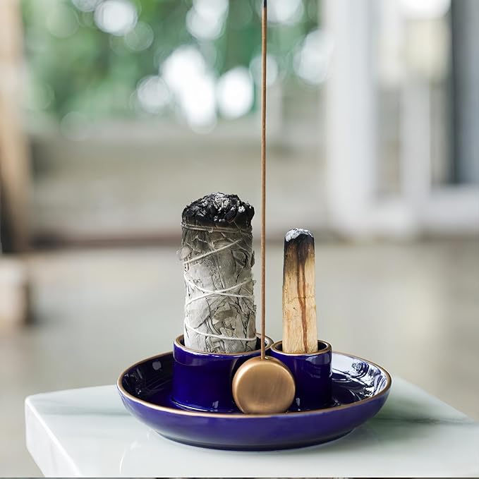 4 in 1 Incense Holder, Ceramic Incense Stick and Palo Santo Holder,Sage Holder for Burning- 5.5" Ceramic Ash Catcher Tray for Meditation and Yoga Room (Blue Golden)