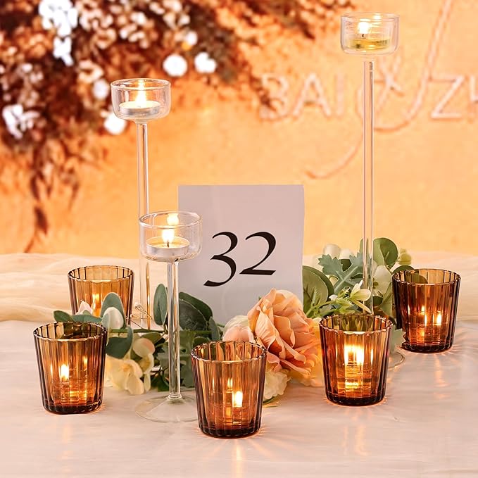 24pcs Vintage Ribbed Amber Votive Candle Holders, Fall Centerpieces for Tables, Tealight Candle Holder for Thanksgiving, Wedding Decor, Boho Home Decor and Christmas Decor