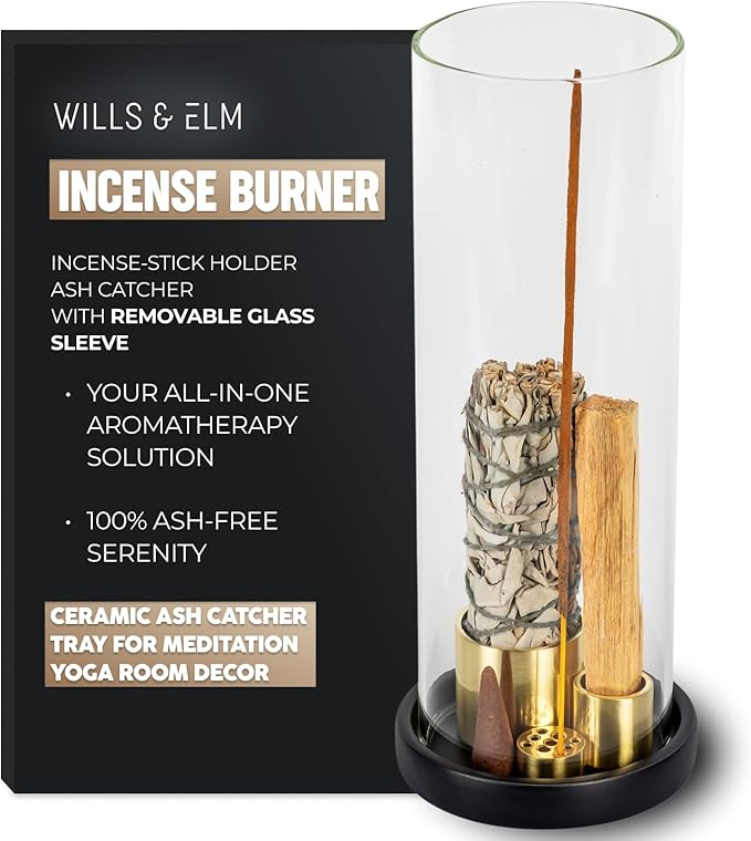 4 in 1 Ceramic Incense Burner with Glass Ash Catcher, Incense Holder for Sticks, Palo Santo, Sage and Cones - Ceramic Ash Catcher Tray for Meditation Yoga Room Home Decor - Black
