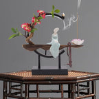 Backflow Incense Holder with LED Light and Begonia, Ceramic Lady Chinese Style Backflow Incense Burner Perfect for Relaxing or Home Decor
