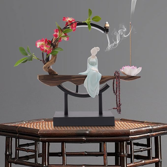 Backflow Incense Holder with LED Light and Begonia, Ceramic Lady Chinese Style Backflow Incense Burner Perfect for Relaxing or Home Decor