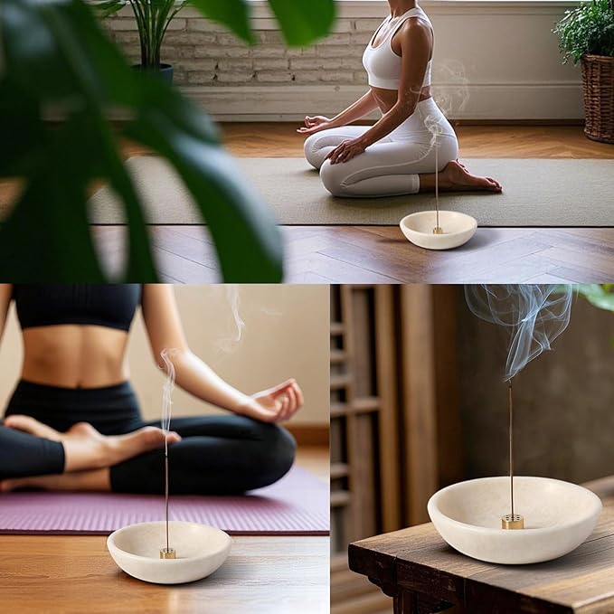 Koville Natural Marble Incense Holder, Incense Holder for Sticks with 9 Holes, Handmade Incense Burner Ash Catcher for Meditation Yoga SPA, Balsam Fir/Palo Santo/Sage/Cone(Ivory)