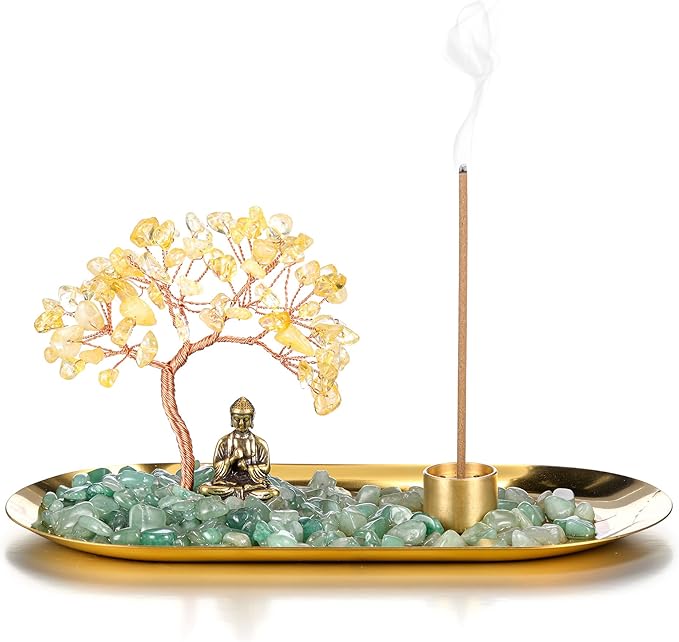 Jovivi Crystal Incense Holder for Sticks, Citrine Healing Crystal Stone Money Tree Buddha Statue Set Incense Burner, Incense Trays for Wealth, Good Luck,Yoga Meditation Home Decor