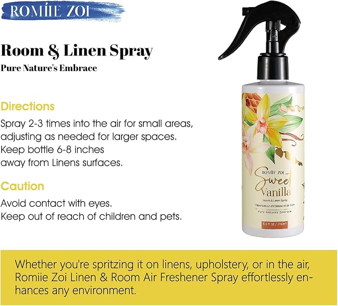Linen & Room Air Freshener Spray Room Mist, with Natural Plant Extract, Scented Room Spray for Home Fragrance Fabric Spray Freshener Sweet Vanilla, 8.5 FL OZ