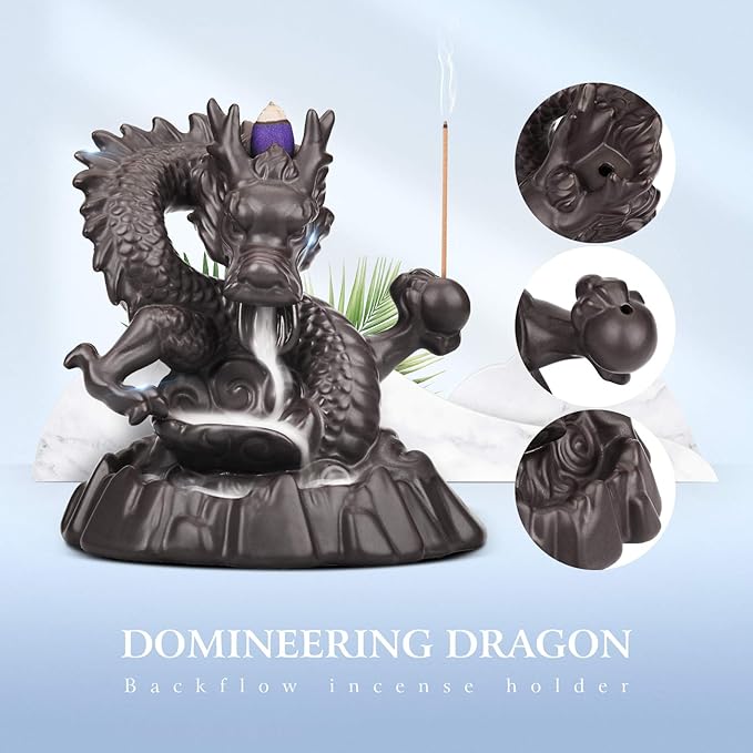 Ceramic Dragon Backflow Incense Holder Waterfall Incense Burner, Smoke Incense Holder, with 70 Backflow Incense Cones + 50 Incense Stick, 1 Mat, 1 Tweezers Home Decor (Brown-Dragon)