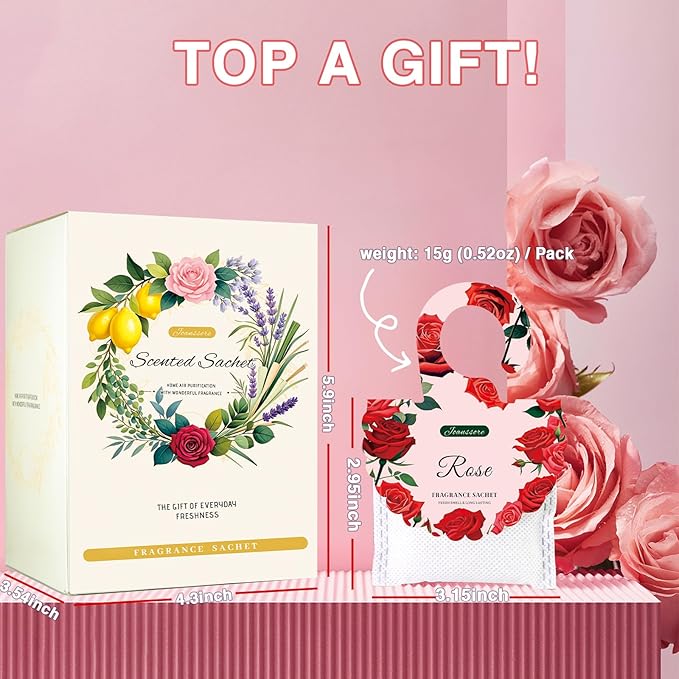 15 Packs Rose Scented Sachets Bag for Drawers and Closets, Air Freshener for Home Fragrance Sachet, Long-Lasting Hanging Closet Deodorizer Smell Goods for House