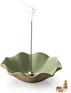 Incense Holder with 3 Incense Sockets 6 Inch Incense Burner 4 in 1 Insence-Stick Holder Lotus-Shaped Bowl Incense Holder for Sticks Modern Incense Cone Burner for Yoga, Green