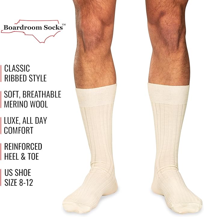 Merino Wool Mid-Calf Dress Socks for Men, Ribbed Dress Socks