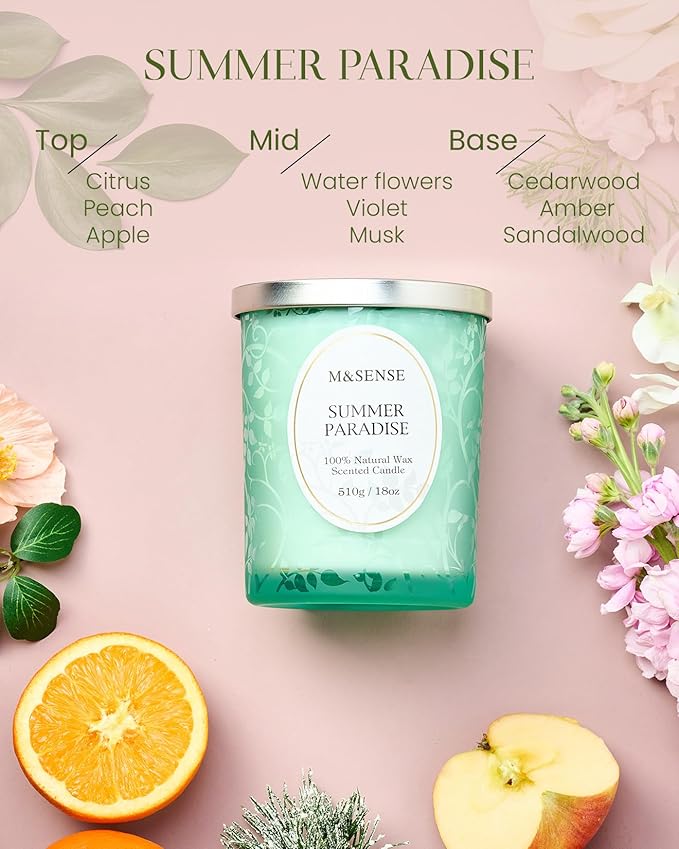 M&SENSE Citrus Pine Scented Candles Summer Paradise, Wooden Wick Candle with Lid, 100 Hours Slow Burning No Toxin Natural Soy Wax 18oz, Air Purifying Calm Relax Home Fragrance, Housewarming Gifts