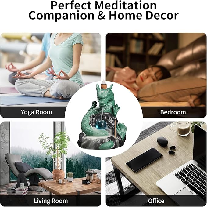 Dragon Waterfall Incense Burner,Backflow Incense Burner with 20 Incense Cones and 30 Incense Sticks，Ceramic Incense Cone Holder Used for Relaxation, Meditation, and Home Decoration (Green)