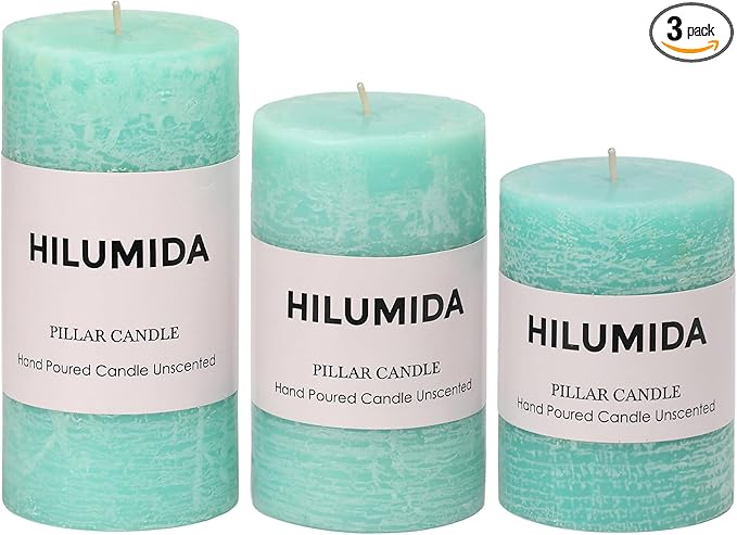 Turquoise Pillar Candles Set of 3 - Hand-Poured Unscented Candles,Smokeless Dripless Candles for Dinner Table and Home, Set of 3 in Different Sizes (3"x4", 3"x5", 3"x6")