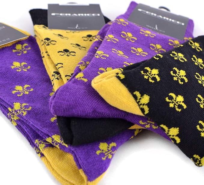boxed-gifts Men's Mardi Gras Socks Fleur de Lis Patterned Premium Cotton Dress Casual Crew Socks for Men