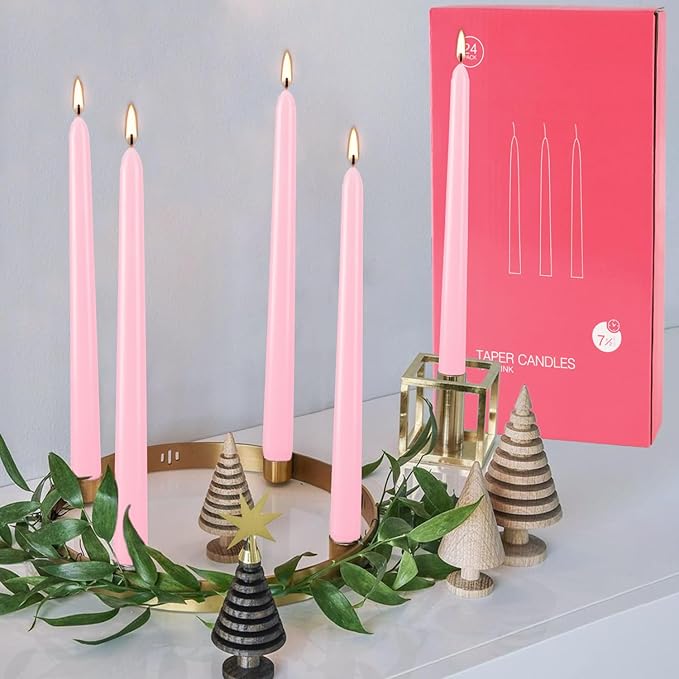 10 Inch Pink Taper Candles Set of 24, Dripless and Unscented Candle Sticks for Dinner, Shabbat, Halloween, Christmas, Wedding, 8 Hours