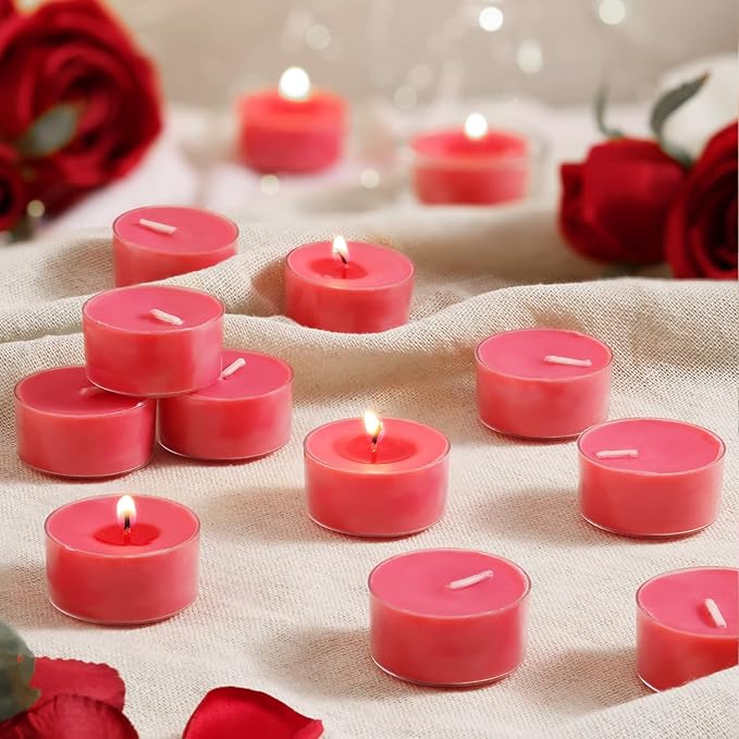 Scented Tea Lights Candles, Wisper of Rose, 48 Pack – Red Scented Tealight Candles– 100% Palm Wax – 6 Hour Burn Time Aromatherapy Tea Light Votive Candle for Dinner, Bedroom, Spa