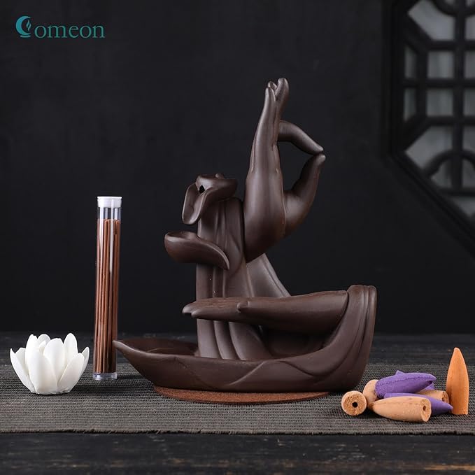 Backflow Incense Holder Burner Handmade Ceramic Incense Cones Sticks Holder Home Decor Waterfall Backflow Incense Burner Censer + 10 Backflow Incense Cones Gift (Lotus)