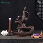Backflow Incense Holder Burner Handmade Ceramic Incense Cones Sticks Holder Home Decor Waterfall Backflow Incense Burner Censer + 10 Backflow Incense Cones Gift (Lotus)