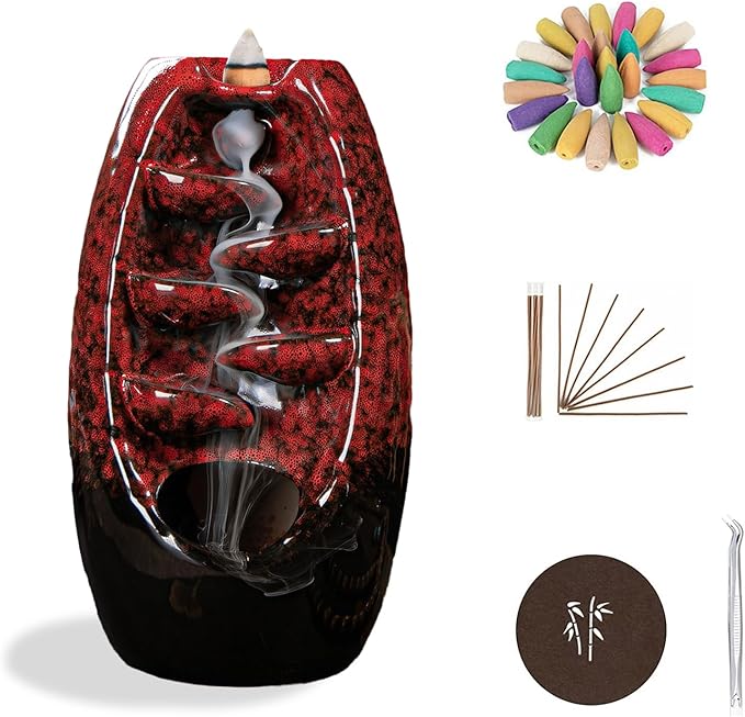 Backflow Incense Burner and Ceramic Incense Holder Waterfall, with 120 Backflow Incense Cones + 30 Incense Stick + 1 Decorative Pad + 1 Tweezer, Aromatherapy Ornament, Red