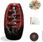 Backflow Incense Burner and Ceramic Incense Holder Waterfall, with 120 Backflow Incense Cones + 30 Incense Stick + 1 Decorative Pad + 1 Tweezer, Aromatherapy Ornament, Red