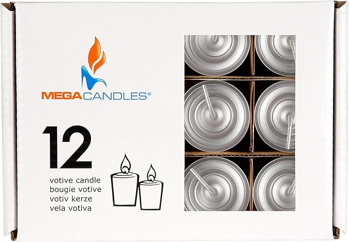 Mega Candles 12 pcs Unscented Silver Votive Candles, Hand Poured Wax Candle 10 Hours 1.38 Inch x 1.5 Inch, Home Décor, Wedding Receptions, Centerpieces, Occasions, Events, Festivities, Meditations