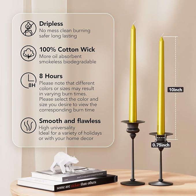 New Burning Formula Unscented Dripless 10-Inch Taper Candles Set of 12 - Gold, for Wedding, Dinner - Smokeless, Long Burning - Hand Poured, Colored Tall Candlesticks - Oro