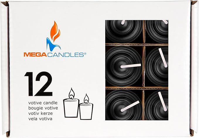 Mega Candles 12 pcs Unscented Black Votive Candles, Hand Poured Wax Candle 10 Hours 1.38 Inch x 1.5 Inch, Home Décor, Wedding Receptions, Centerpieces, Occasions, Events, Festivities, Meditations