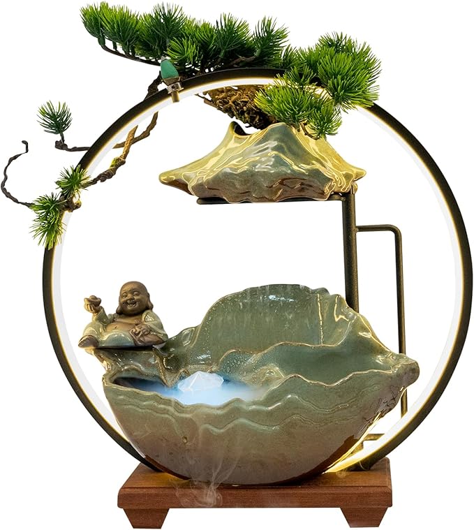 Backflow Incense Holder with Water Fountains and LED Light, Rockery, Maitreya and Plants Perfect for Relaxing or Home Decor (Maitreya witn Rockery)