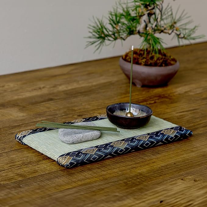 Asayu Mini Tatami mat Made of Real Igusa Rush Grass, Made in Japan, for Bonsai, Doll Stand, Coaster, Incense Holder (Blue)