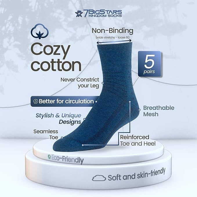 7BIGSTARS KINGDOM Men Diabetic Non-Binding Cotton Quarter Socks - 5 Pack Big Tall - Geometric, Stirpe, Dot Pattern - Sock Size 13-15 Shoe Size 12-15 XL Navy Blue, Denim Blue, Orange