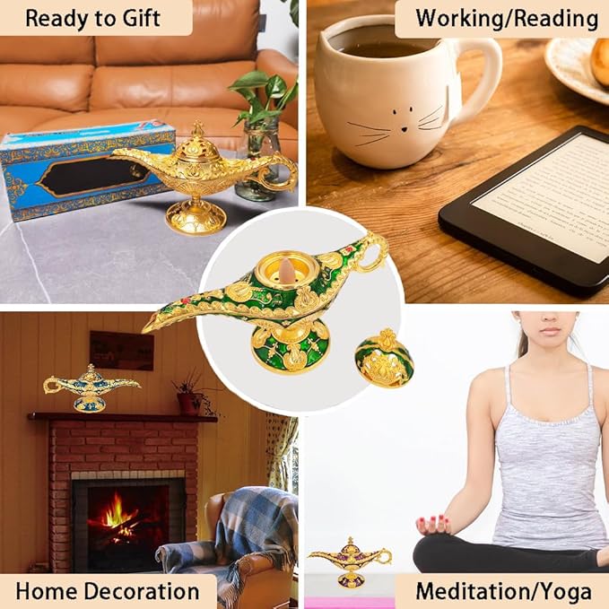 Vintage Aladdin Genie Lamp Cone Incense Holder,Legend Magic Lamp Incense Burner Arabian Costume Props,Wishing Light for Home Decor Birthday Party Wedding Purple