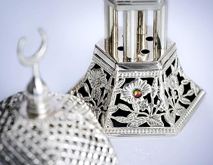 AM Bakhoor Charcoal Incense Burner – Luxury Gold Frankincense Resin Burner for Oud, Bakhoor, Incense Sticks & Cones – Decorative Metal Holder with Removable Lid & Safe Flame Control (Silver)