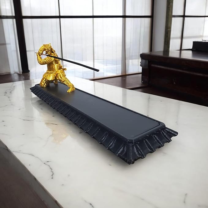 Samurai Incense Holder, Incense Burner with Storage Box, Ash Catcher, Warrior Incense Burner for Aromatherapy, Meditation, Yoga (Gold Samurai & Black Box)