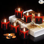 Halloween Black Votive Candles Battery Operated with Long Lasting CR2450 Batteries, LED Flameless Flickering Candles with 6H Timer, 6Pcs Black and Red Drip Wax Candle Gothic Home Decor