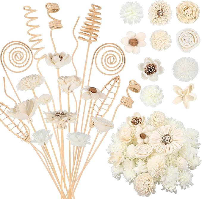 Cindeer 200 Pcs Reed Diffuser Sticks Set Include 10 Style 100 Pcs Natural Rattan Flower Reed 7 Style 100 Pcs Mixed Fragrance Diffuser Rattan Reed Fragrance Diffuser Replacement for Home Fragrance