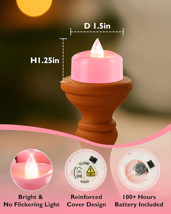 5plots Flameless Candles, 24Pcs Tea Lights Candles Battery Operated, Flameless Tealight Candles, Electric Tea Lights Votive Candles - Pink - 1.5" x 1.25"- No Flicker