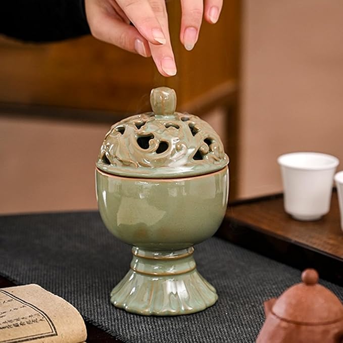 Ceramic Incense Burner with Lid,Boshan Incense Cone Holder for Coil Incense and Powder Incense,Mediation Gift,Home Decor (Green)