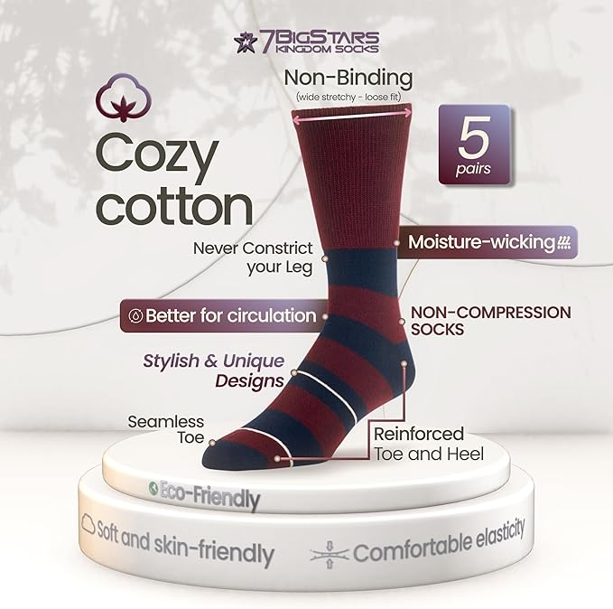 7BigStars Men's Diabetic Seamless Cotton Crew Socks - 5 Pack Big Tall - Stripe Pattern - Sock Size 13-15 Shoe Size 12-15 XL Burgundy, Dark Navy, Olive Green, Light Beige