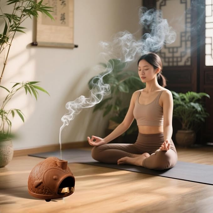 Large Fish-Shaped Terracotta Palo Santo Holder - Cone Burner for Sage,Chiminea Incense Dish with Chimney,Ideal for Meditation, Zen, Yoga, Spa & Wellness | Anxiety & Stress Relief Items