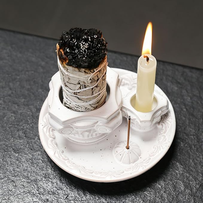 4-in-1 Ceramic Incense Holder & Ash Catcher Tray, Multi-Functional Design for Sage, Palo Santo, Incense Sticks, and Candles- Elegant White Tray for Meditation, Yoga and Home Decor